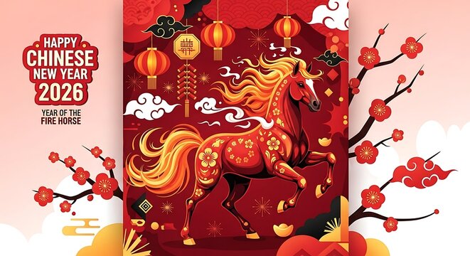 Vibrant chinese new year 2026 design with horse and lanterns