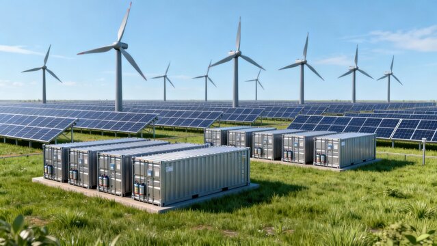 Energy storage systems with Solar farm and windmills. Battery container, renewable battery storage concept. 3d render