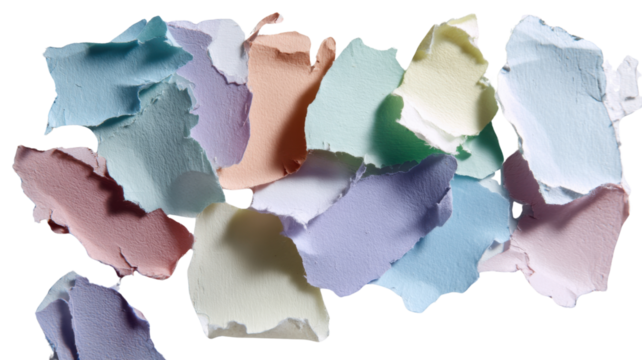 The image shows a collection of pastel-colored paper scraps arranged in a collage-like fashion on white background 