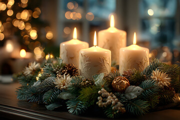 Third Advent - decorated Advent wreath from fir and evergreen branches with white burning candles, tradition in the time before Christmas, warm background with festive bokeh and copy space