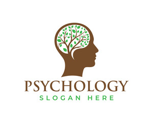 Psychology logo with a human head silhouette and a tree growing inside, isolated on white background