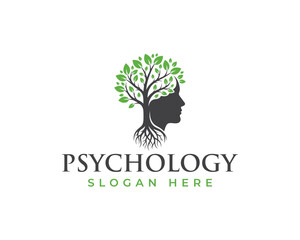 Psychology logo with a human head silhouette and a tree growing inside, isolated on a white background