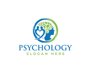 Psychology logo with human head silhouette and heart shape, isolated on white background