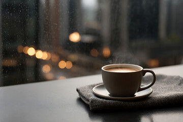 Obraz premium cozy rainy coffee scene, a cozy ambiance with a hot cup of coffee near a rain-streaked window, and blurry city lights outside