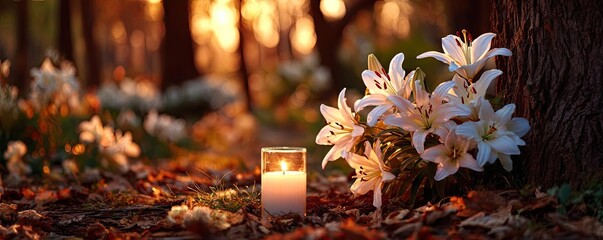 White lilies and candle at funeral sunset concept. Elegant lilies beside a glowing candle in a serene forest setting.
