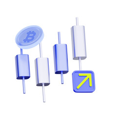 3D icon of a candlestick chart with a Bitcoin coin and UP arrow For analyzing Bitcoin price increases, identifying crypto market uptrends, bullish signals for BTC, and cryptocurrency trading.