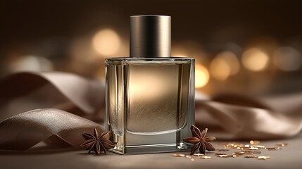 A sophisticated glass perfume bottle with metallic cap stands amid soft fabric and golden bokeh lights. The elegant composition conveys luxury, sensuality, and timeless beauty