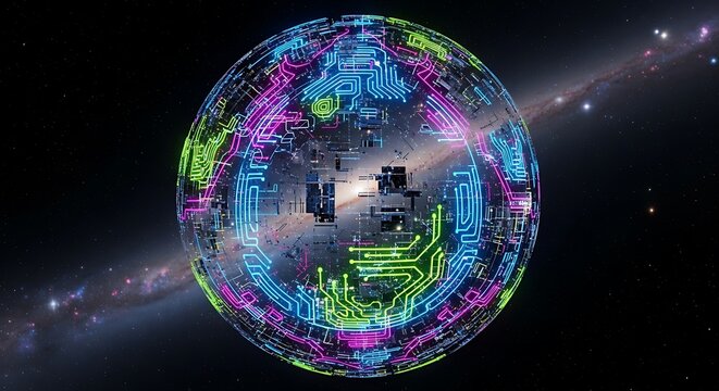 Abstract Digital Sphere with Circuitry and Galactic Background.