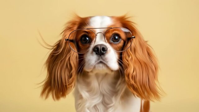 Cute Cavalier King Charles spaniel dog wearing glasses looking upward on yellow background. Studio shot of adorable dog.