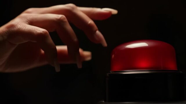 Finger pressing illuminated red button on dark surface with black background. Emergency concept