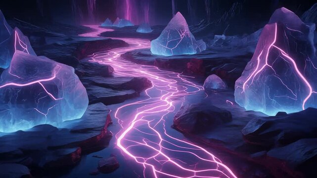 echno Glacier Melt_Icebergs embedded with neon veins slowly melting into glowing rivers