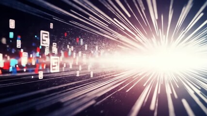 Abstract data stream with digital code flowing towards bright light, technology concept.  High-speed data transfer, network communication background. - Powered by Adobe