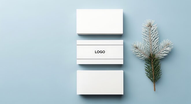 Blank business cards arranged neatly on light blue surface with small fir branch, showcasing minimalist elegance and professional presentation.