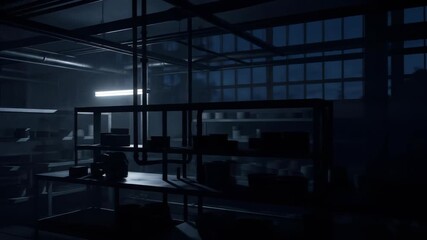 Dark warehouse interior at night with shelves, pipes, industry, and equipment.