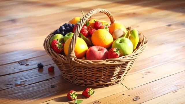 Basket of Fresh Fruits on Wooden Surface