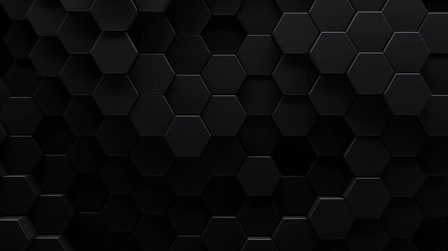 Black honeycomb shapes with smooth movement. 3d render of geometric tech pattern or dark abstract hexagon background moving in a seamless loop.