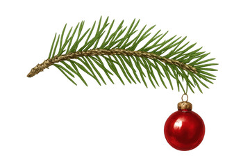 Pine tree branch with red christmas ornament on transparent background, holiday celebration decoration