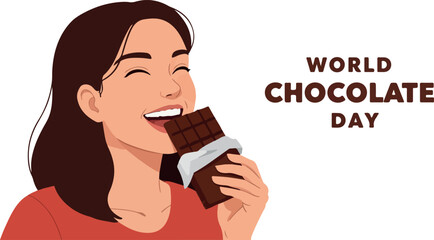 Woman Eating Chocolate Bar Celebrating World Chocolate Day vector art