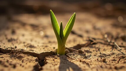 New plant sprout growing in cracked, dry earth under sunny light, ideal for resilience