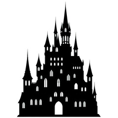 Silhouette of a spooky haunted castle against a dark black night background on white background