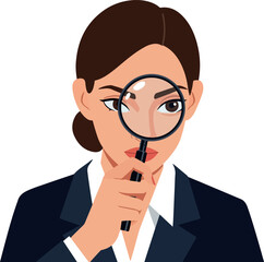 Woman in Dark Suit Inspects Through Magnifying Glass Isolated Object