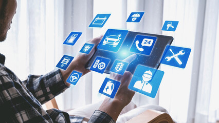 Car service and insurance provide vehicle maintenance, car insurance coverage claim app, and...