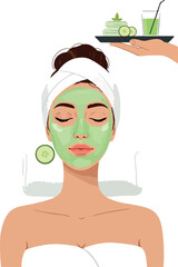Woman Relaxing With Green Cucumber Face Mask And Spa Towel