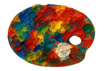 Artist's palette loaded with vibrant, textured oil paint, showcasing creativity, art, and inspiration on a transparent background