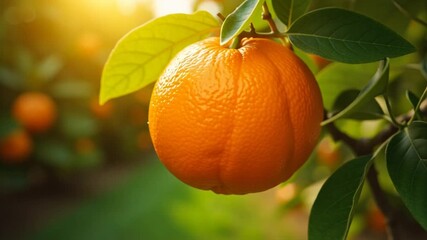 Sun-kissed orange ripens on lush branch, capturing vibrant natural goodness and the promise of fresh juice, perfect for healthy living campaigns.