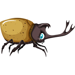 Cartoon rhinoceros beetle with a tan and brown body and blue eyes isolated on a transparent background