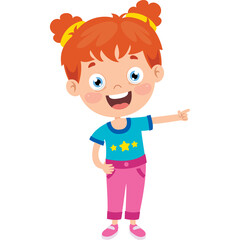 Cartoon Red Haired Girl With Pigtails Wearing A Blue Star Shirt And Pink Pants Pointing To The Right With A Happy Expression On A Transparent Background