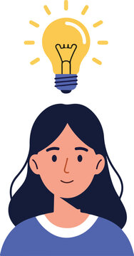 Woman with Yellow Light Bulb Idea Over Head Flat Design Vector