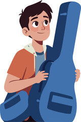 Young Boy With Guitar Case Isolated On White Flat Design
