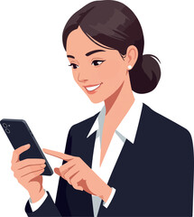 Young Business Woman Smiling While Texting on Smartphone Dark Suit