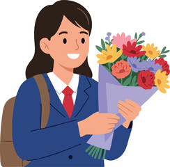 Young Girl In School Uniform With Bouquet Of Flowers Flat Design Vector