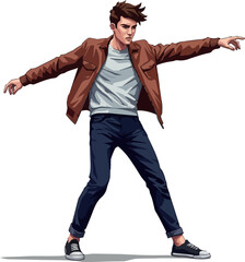 Young Man Brown Jacket Blue Jeans White T Shirt Pointing Isolated Pixel Art