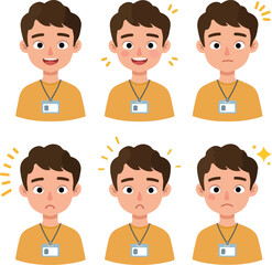 Young Man Avatar Expressions Flat Design Icons Yellow Shirt Blue Badge