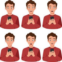 Young Man Expressions Using Mobile Phone Flat Design Illustration