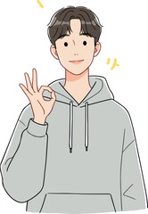 Young Man Gray Hoodie OK Gesture Minimalist Flat Design Vector Illustration