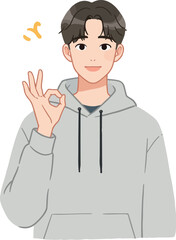 Young Man Grey Hoodie OK Gesture Pixel Art Style Isolated