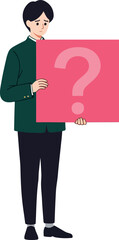 Young Man Holding Pink Question Mark Sign Minimalist Pixel Art