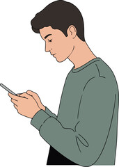 Young Man In Grey Sweater Texting On His Smartphone Minimalist Vector