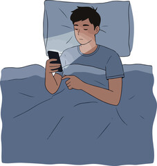 Young Man In Bed Using Smartphone Under Blue Blanket Soft Light