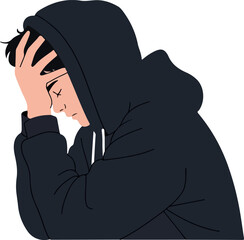 Young Man In Black Hoodie Holding His Head In Despair