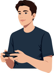 Young Man Playing Video Games with Controller Dark T-Shirt Isolated