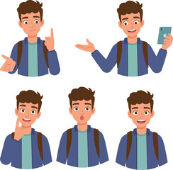 Young Man Poses With Backpack Blue Jacket Holding Phone And Thinking