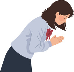 Young Woman In Light Blue Sweater Bows With Hands Together In Respect