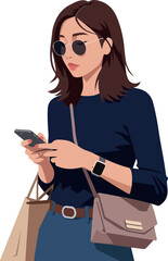 Young Woman In Sunglasses Texting On Phone With Shoulder Bag