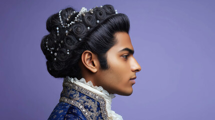 Elegant South Asian man in aristocratic 18th-century costume with powdered curls decorated with pearls, lavender background, heritage and fashion concept