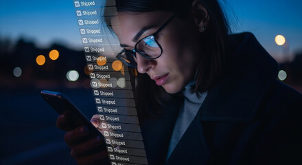 Woman wearing glasses and checking notifications on her smartphone at dusk